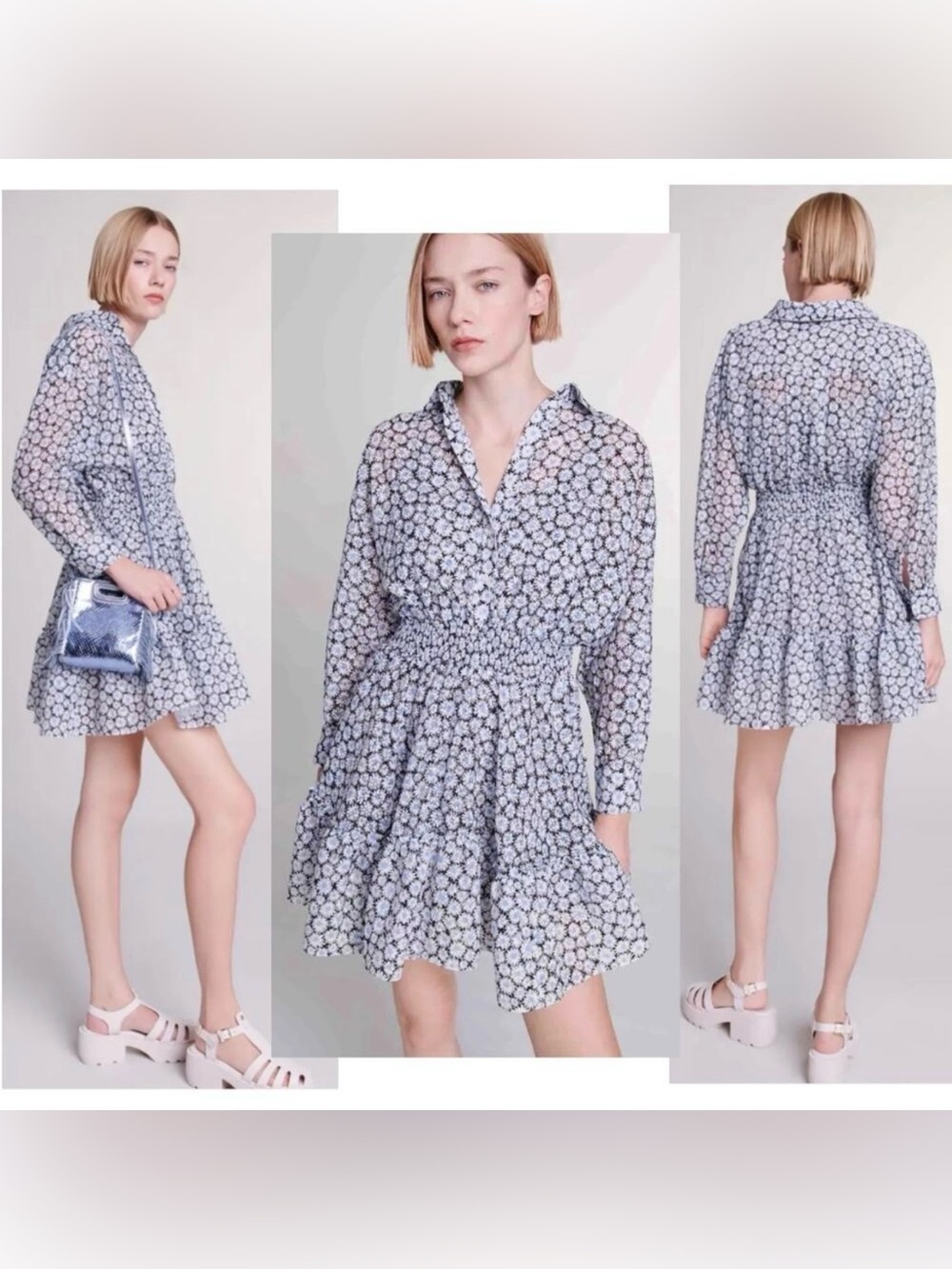 MAJE Flared Floral Gauze Mini Skater Dress Coquette Flirty Boho Cocktail Blue